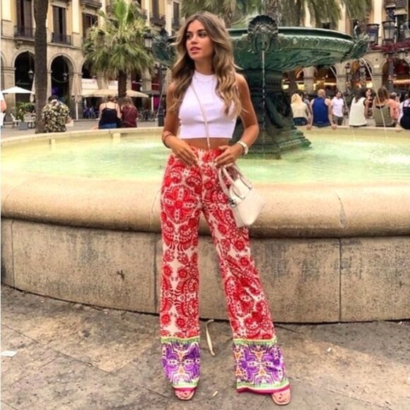 NEW Zara Satin Effect pyjama style Wide Leg Side Slit Pants in Orange, Sz S - Picture 1 of 16